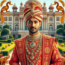A majestic Indian royal prince dressed in an ornate traditional outfit, featuring intricate embroidery and rich, vivid colors