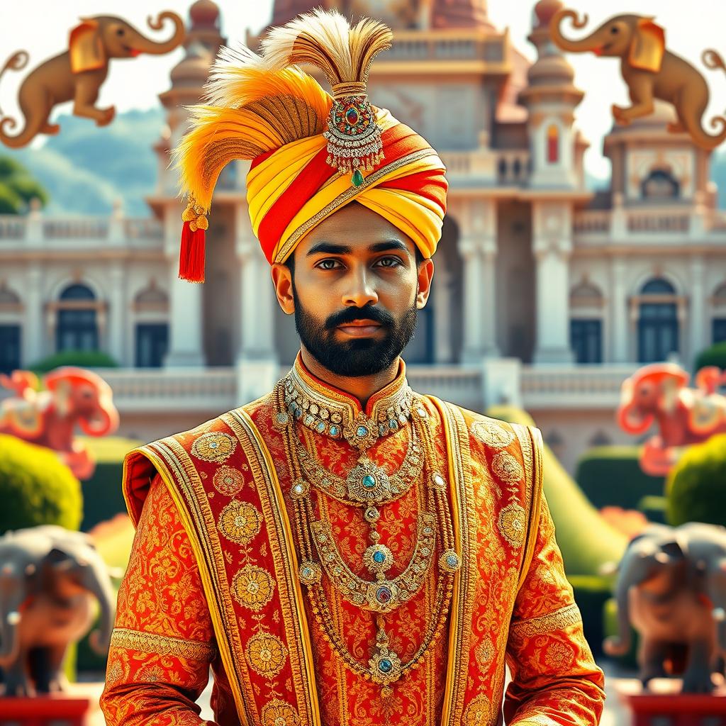 A majestic Indian royal prince dressed in an ornate traditional outfit, featuring intricate embroidery and rich, vivid colors