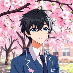 A 16-year-old male anime character with striking black hair and vibrant blue eyes, dressed in a crisp high school uniform