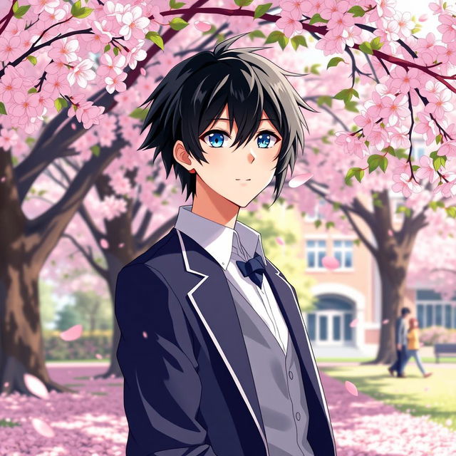 A 16-year-old male anime character with striking black hair and vibrant blue eyes, dressed in a crisp high school uniform