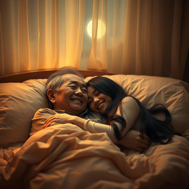 An elderly Chinese man lying in bed at night, lovingly hugging his beautiful young wife