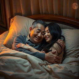 An elderly Chinese man lying in bed at night, lovingly hugging his beautiful young wife