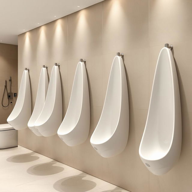 A series of sleek, modern, long and narrow female urinals that protrude from a stylish wall in a contemporary restroom