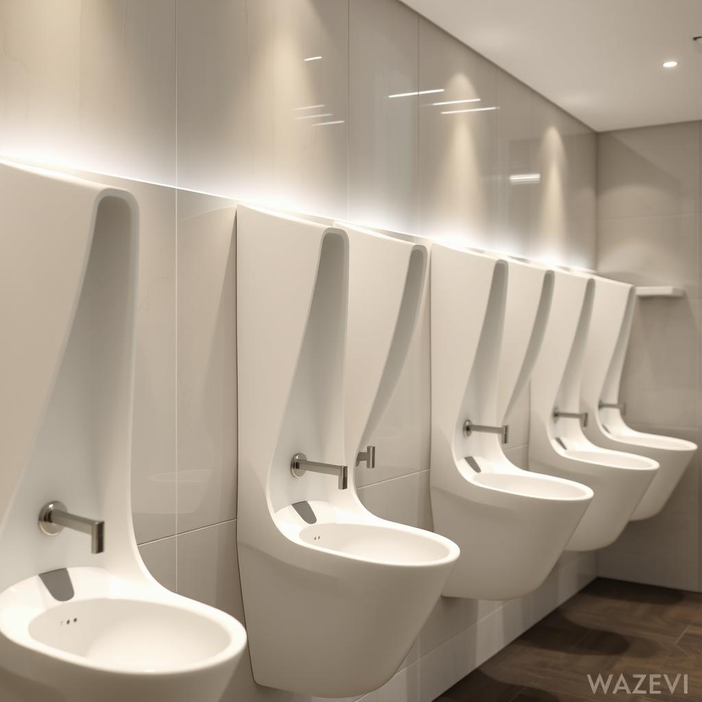 A series of sleek, modern, long and narrow female urinals that protrude from a stylish wall in a contemporary restroom