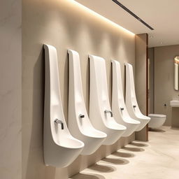 A series of sleek, modern, long and narrow female urinals that protrude from a stylish wall in a contemporary restroom