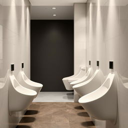 A series of sleek, modern, long and narrow female urinals that protrude from a stylish wall in a contemporary restroom