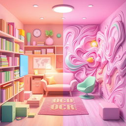 A visually engaging and colorful escape room scene that embodies themes of OCD (Obsessive-Compulsive Disorder) and bipolar disorder, designed without any words