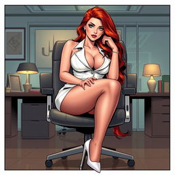A seductive comic book illustration of a beautiful, curvy, voluptuous woman with long flame red hair and striking green eyes