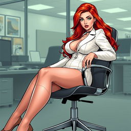 A seductive comic book illustration of a beautiful, curvy, voluptuous woman with long flame red hair and striking green eyes