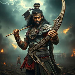 A dramatic portrayal of Akshya Kumar, the son of Ravana, depicted as a fierce and powerful warrior in traditional Indian attire