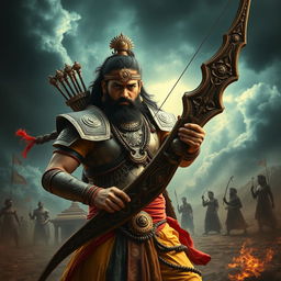 A dramatic portrayal of Akshya Kumar, the son of Ravana, depicted as a fierce and powerful warrior in traditional Indian attire