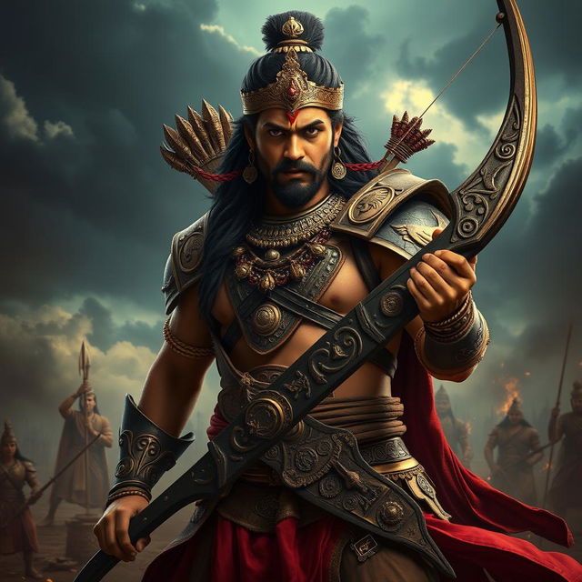 A dramatic portrayal of Akshya Kumar, the son of Ravana, depicted as a fierce and powerful warrior in traditional Indian attire