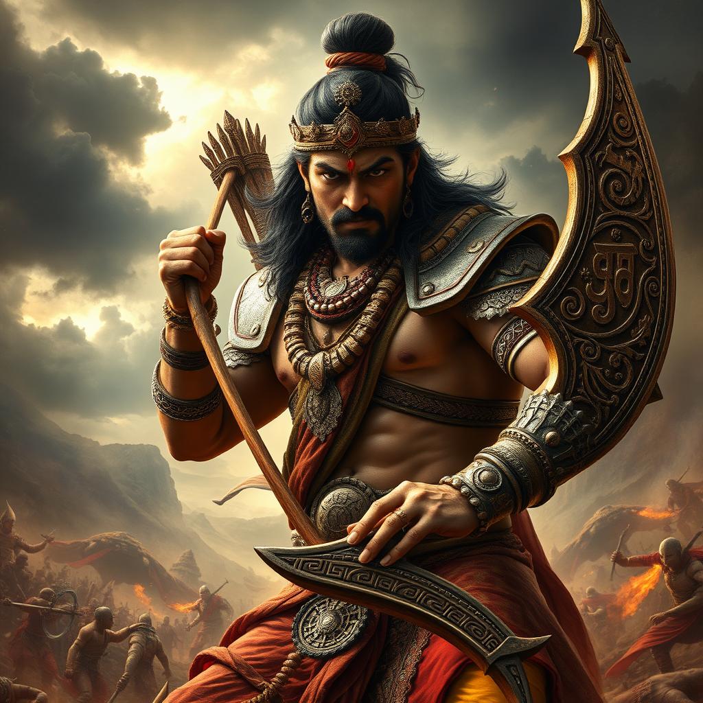 A dramatic portrayal of Akshya Kumar, the son of Ravana, depicted as a fierce and powerful warrior in traditional Indian attire