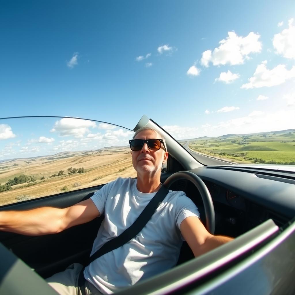 A man driving a car through a picturesque landscape, showcasing a long road that stretches into the horizon