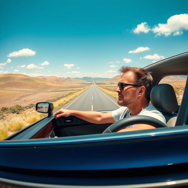 A man driving a car through a picturesque landscape, showcasing a long road that stretches into the horizon