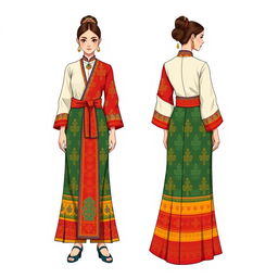 An illustration of a modern-day female garment inspired by the traditional Bhutanese Kira, showcasing both the front and back view