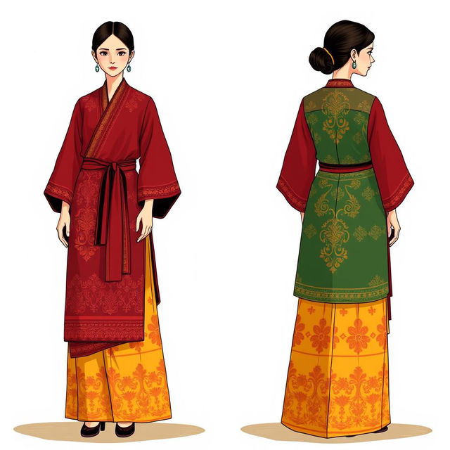 An illustration of a modern-day female garment inspired by the traditional Bhutanese Kira, showcasing both the front and back view