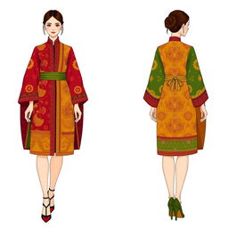 An illustration of a modern-day female garment inspired by the traditional Bhutanese Kira, showcasing both the front and back view