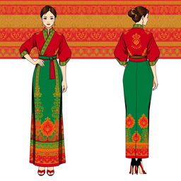 An illustration of a modern-day female garment inspired by the traditional Bhutanese Kira, showcasing both the front and back view