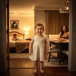 A baby girl standing in the doorway between a bedroom and a dining room
