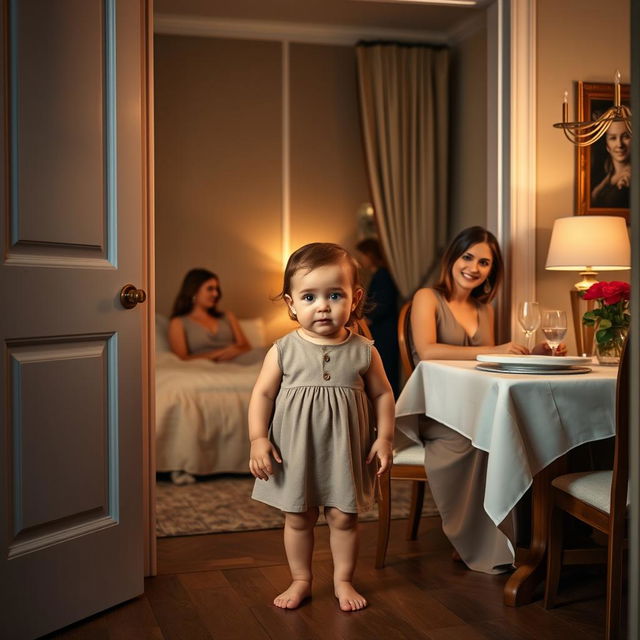 A baby girl standing in the doorway between a bedroom and a dining room