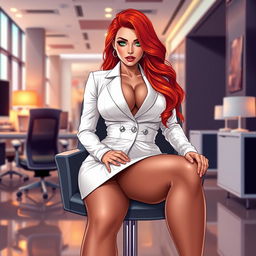 A bold and captivating illustration of a sexy, beautiful, curvy voluptuous woman with long flame red hair and mesmerizing green eyes