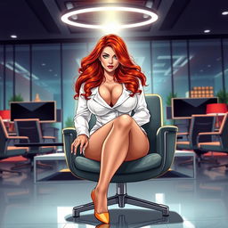 A bold and captivating illustration of a sexy, beautiful, curvy voluptuous woman with long flame red hair and mesmerizing green eyes