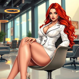 A bold and captivating illustration of a sexy, beautiful, curvy voluptuous woman with long flame red hair and mesmerizing green eyes