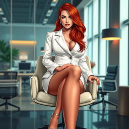 A bold and captivating illustration of a sexy, beautiful, curvy voluptuous woman with long flame red hair and mesmerizing green eyes