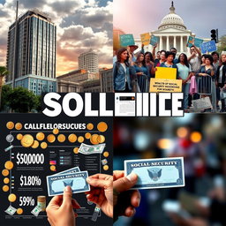 A powerful visual representation of economic inequality and social security, featuring four distinct images: 1) A contrast between a luxurious high-rise building symbolizing wealth and a run-down neighborhood showcasing poverty