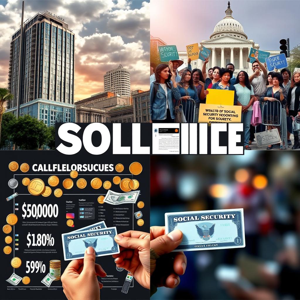 A powerful visual representation of economic inequality and social security, featuring four distinct images: 1) A contrast between a luxurious high-rise building symbolizing wealth and a run-down neighborhood showcasing poverty