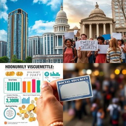 A powerful visual representation of economic inequality and social security, featuring four distinct images: 1) A contrast between a luxurious high-rise building symbolizing wealth and a run-down neighborhood showcasing poverty