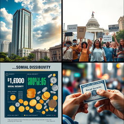 A powerful visual representation of economic inequality and social security, featuring four distinct images: 1) A contrast between a luxurious high-rise building symbolizing wealth and a run-down neighborhood showcasing poverty