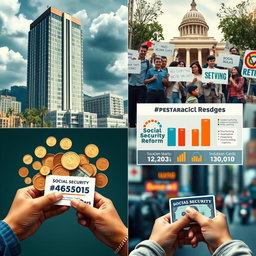 A powerful visual representation of economic inequality and social security, featuring four distinct images: 1) A contrast between a luxurious high-rise building symbolizing wealth and a run-down neighborhood showcasing poverty