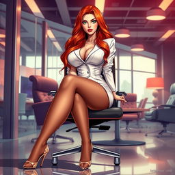 A captivating illustration of a sexy, beautiful, curvy voluptuous woman with long flame red hair and striking green eyes, sitting elegantly on a modern office chair