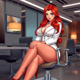 A captivating illustration of a sexy, beautiful, curvy voluptuous woman with long flame red hair and striking green eyes, sitting elegantly on a modern office chair