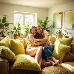 A cozy and inviting living space adorned with soft, plush cushions in various shades of lime green, creating a vibrant yet relaxing atmosphere