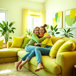 A cozy and inviting living space adorned with soft, plush cushions in various shades of lime green, creating a vibrant yet relaxing atmosphere