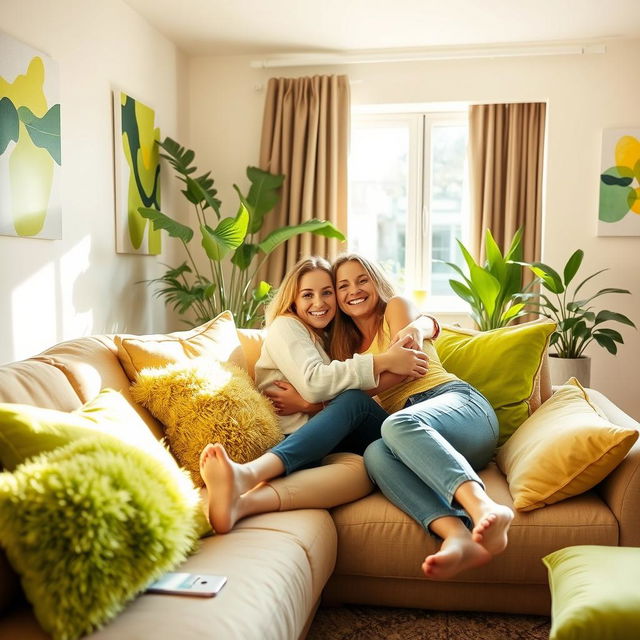 A cozy and inviting living space adorned with soft, plush cushions in various shades of lime green, creating a vibrant yet relaxing atmosphere