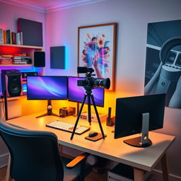 A cozy and well-organized video-making setup in a room, featuring a stylish desk with a modern computer, dual monitors, and a high-quality camera mounted on a tripod