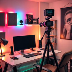 A cozy and well-organized video-making setup in a room, featuring a stylish desk with a modern computer, dual monitors, and a high-quality camera mounted on a tripod