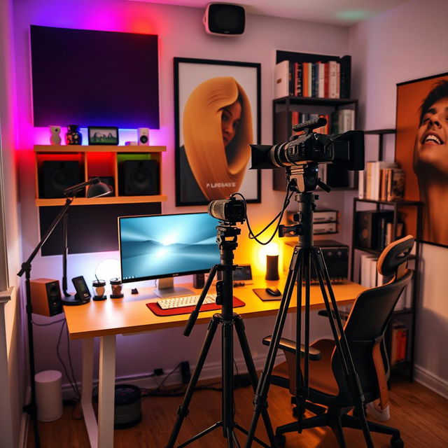 A cozy and well-organized video-making setup in a room, featuring a stylish desk with a modern computer, dual monitors, and a high-quality camera mounted on a tripod