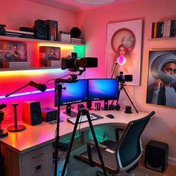 A cozy and well-organized video-making setup in a room, featuring a stylish desk with a modern computer, dual monitors, and a high-quality camera mounted on a tripod