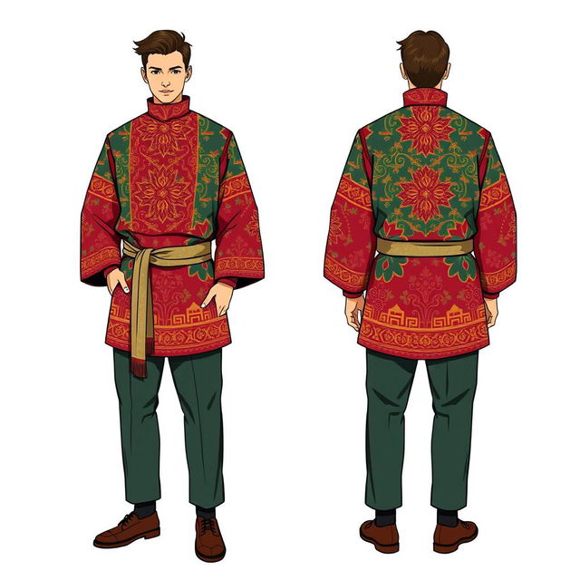 An illustration showcasing a modern male garment inspired by the traditional Bhutanese Gho