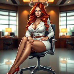 An enticing digital art piece featuring a stunning, curvy voluptuous woman with long flame red hair and captivating green eyes