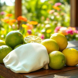 A refreshing scene featuring vibrant lime green hues, a collection of limes with dew drops sparkling in the sun, and cozy cuddly plush hugs made of soft fabric lying on a wooden table