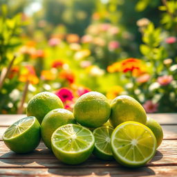 A refreshing scene featuring vibrant lime green hues, a collection of limes with dew drops sparkling in the sun, and cozy cuddly plush hugs made of soft fabric lying on a wooden table