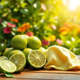 A refreshing scene featuring vibrant lime green hues, a collection of limes with dew drops sparkling in the sun, and cozy cuddly plush hugs made of soft fabric lying on a wooden table