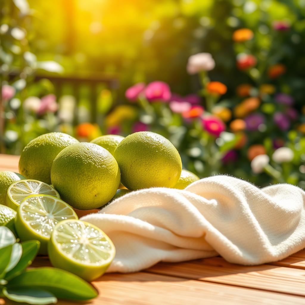A refreshing scene featuring vibrant lime green hues, a collection of limes with dew drops sparkling in the sun, and cozy cuddly plush hugs made of soft fabric lying on a wooden table