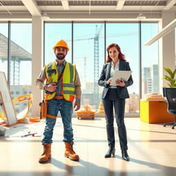 A vibrant and dynamic workplace scene depicting a construction worker and an office worker standing side by side, showcasing a collaborative environment